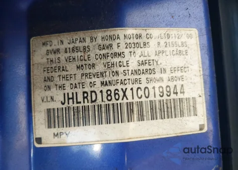 2001 Honda Cr-V Ex из США, поврежденный, VIN JHLRD186X1C019944